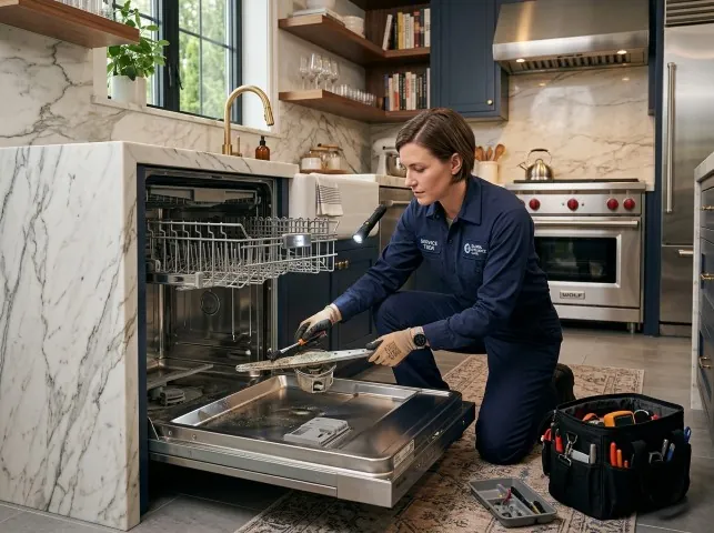 Appliance Repair Hero technician servicing a built-in dishwasher in a Abington, PA kitchen