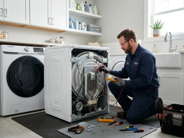 Appliance Repair Hero technician checking a dryer heating element with the rear panel off in Abington, PA