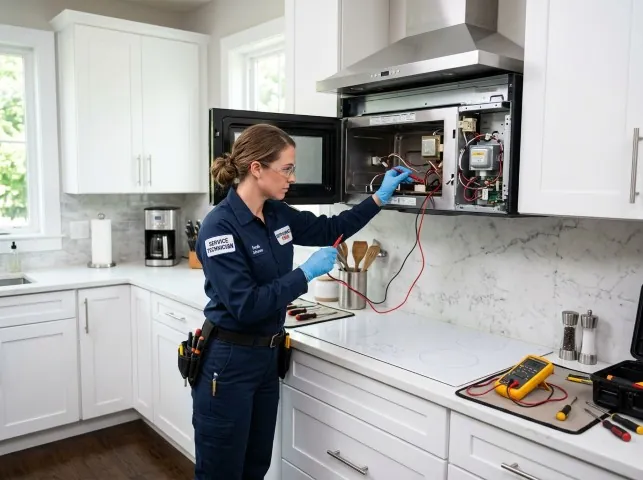 Appliance Repair Hero technician testing an over-the-range microwave in a Abington, PA kitchen
