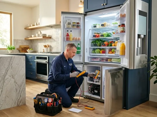 Appliance Repair Hero refrigerator technician testing a fridge on a Abington, PA service call
