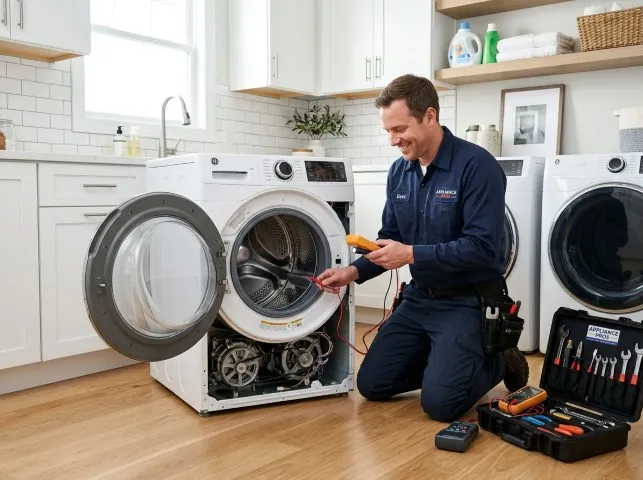 Appliance Repair Hero technician testing a front-load washer with a multimeter on a Abington, PA service call